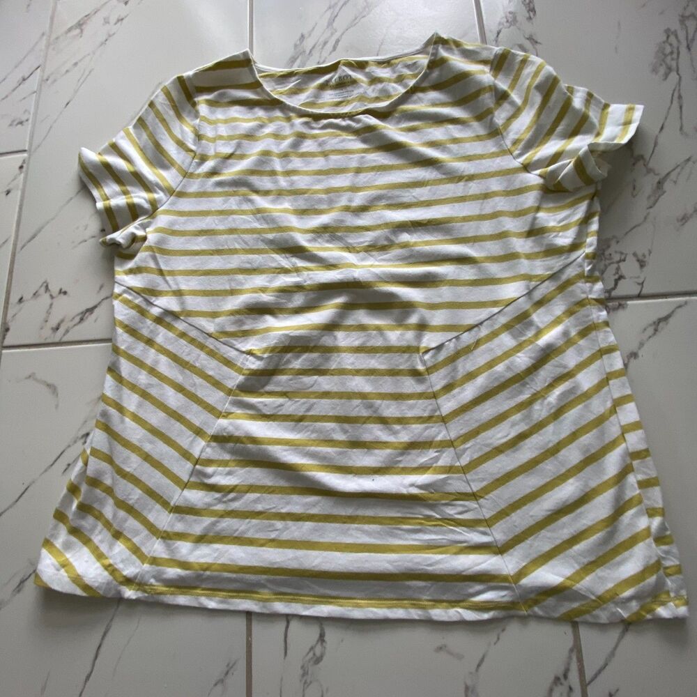 Talbots Women 2X White Yellow Striped Short Sleeve Cotton Stretch Top